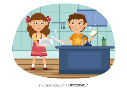 Little boy and girl are washing dishes in the kitchen. Kids doing housework chores at home concept.