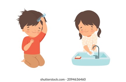 Little Boy and Girl Washing Hand with Soap in Sink and Combing Hair Vector Set