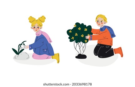 Little Boy and Girl Watching Blooming Snowdrop and Bush Enjoying Spring Season Vector Set