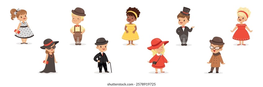 Little Boy and Girl Wear Elegant Fashion Dress and Apparel Vector Set