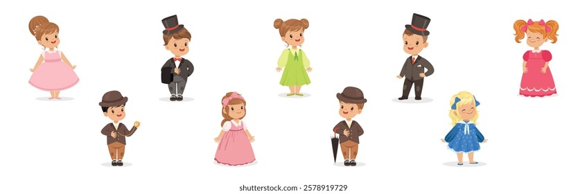 Little Boy and Girl Wear Elegant Fashion Dress and Apparel Vector Set