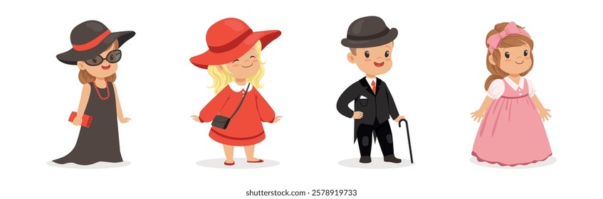 Little Boy and Girl Wear Elegant Fashion Dress and Apparel Vector Set