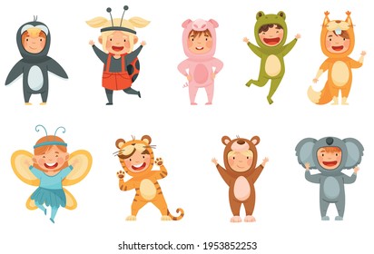 Little Boy and Girl Wearing Animal Costumes Waving Hand and Having Fun Vector Set