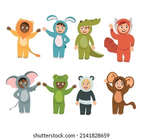 Little Boy and Girl Wearing Animal Costumes Waving Hand and Having Fun Vector Set.