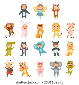 Little Boy and Girl Wearing Animal Costumes Waving Hand and Having Fun Big Vector Set svg