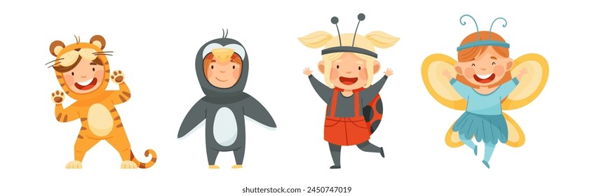 Little Boy and Girl Wearing Animal Costumes Waving Hand and Having Fun Vector Set