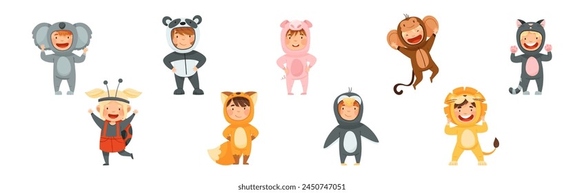 Little Boy and Girl Wearing Animal Costumes Waving Hand and Having Fun Vector Set