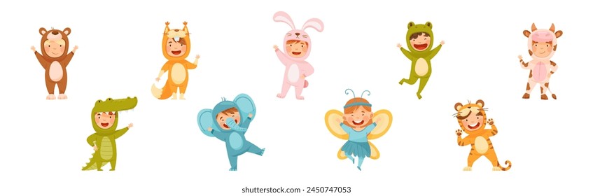 Little Boy and Girl Wearing Animal Costumes Waving Hand and Having Fun Vector Set svg