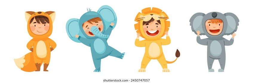 Little Boy and Girl Wearing Animal Costumes Waving Hand and Having Fun Vector Set