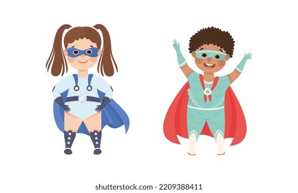 Little Boy and Girl Wearing Costume of Superhero Pretending Having Power for Fighting Crime Vector Set