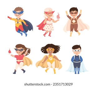 Little Boy and Girl Wearing Costume of Superhero Pretending Having Power for Fighting Crime Vector Set