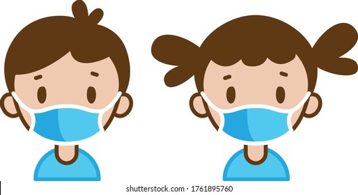 Little boy and girl wearing face masks. Covid-19 icon set