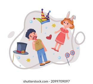 Little Boy and Girl Wearing Party Birthday Photo Booth Props Standing and Smiling Vector Illustration
