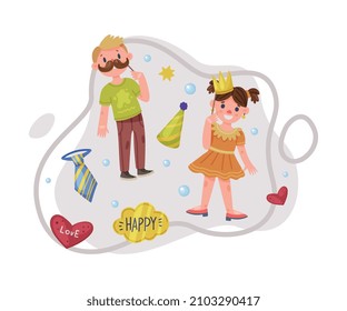 Little Boy and Girl Wearing Party Birthday Photo Booth Props Standing and Smiling Vector Illustration