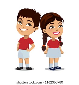 A little boy and girl wearing their school uniforms and are ready for school