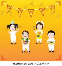 Little boy and girl in white shirt ,with Chinese and Thai language flags that mean "vegetarian"on a yellow background.