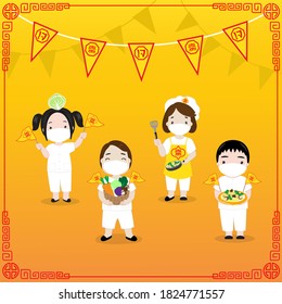 Little boy and girl in white shirts and new normal life with Chinese and Thai flags meaning "vegetarian" on yellow background.