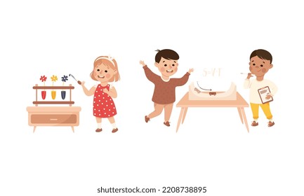 Little Boy and Girl Working on Physics Science Experiment with Flower Paint and Speed Acceleration Vector Set