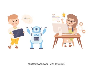 Little Boy and Girl Writing Code and Engineering Smart Technology and Artificial Intelligence Vector Set