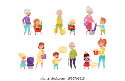 Little Boy and Girl Yielding Seat, Carrying Shopping Bags and Expressing Gratitude Vector Illustration Set