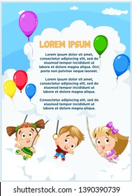 Little boy and girls having fun, laughing in sky with clouds, colour toy balloons in clear day. Place for text. copy space. Vector cartoon template, fairy vertical empty banner, poster.