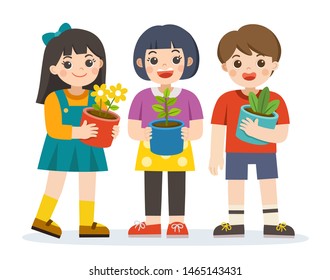Little boy and girls holding plant and  flower pot in front of them in arms. Save the Earth. Happy Earth Day. Green day. Ecology concept. Isolated vector.