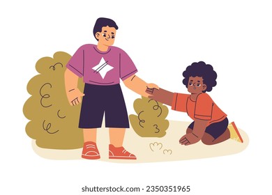 Little Boy Give Hand Supporting and Comforting Sad Friend Vector Illustration