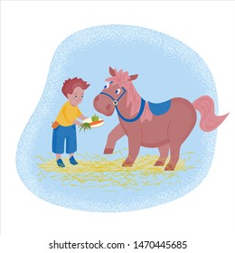 Little boy gives an apple and carrot on the plate to funny pony. Cartoon vector illustration in flat style with texture.