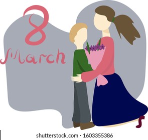 Little boy gives bouquet of flowers to women. Flat vector Illustration. Concept International Women's Day, mothers Day, teacher's Day.