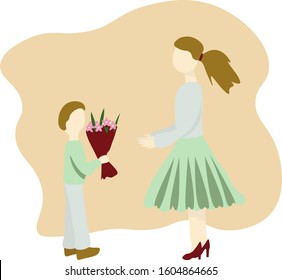 Little boy gives bouquet of flowers to women. Flat vector Illustration. Concept International Women's Day, mothers Day, teacher's Day.