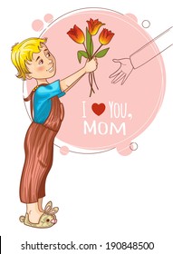 Little boy gives bouquet of tulips at mothers day, eps10