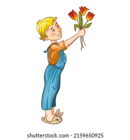 Little boy gives bouquet of tulips, vector illustration isolated on white
