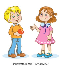 Little boy gives a cute girl a postcard in honor of Valentine's Day.  In cartoon style. Isolated on white background. Vector illustration.