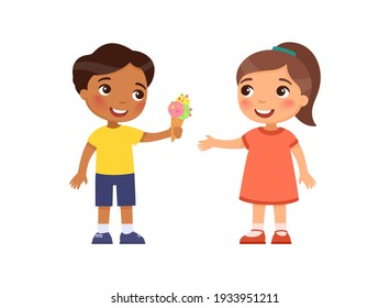 Little boy gives the girl an ice cream. Child friendship psychology. Cartoon characters, Flat vector illustration.