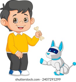 a little boy is giving bone for cyber dog of illustration