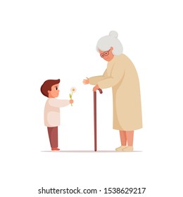 Niño dando una flor a la abuela. Nieto y abuela que pasan tiempo juntos. Acto de bondad hacia una mujer mayor. Personajes de caricaturas aislados de mujeres y niños. Ilustración del vector