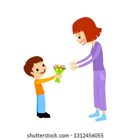 little boy is giving flowers to his mother. vectoral illustration for women's day or mother's day.