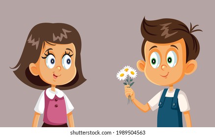 Little Boy Giving Flowers to His Love Crush. Schoolboy making beautiful polite gesture of congratulations for his classmate
