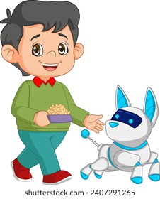 a little boy is giving food for cyber dog of illustration