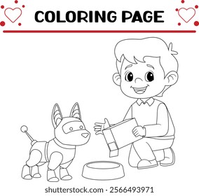 little boy is giving food cyber dog coloring page for kids