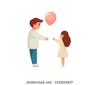 Little boy giving helium balloon to little girl. Pair of kindness little  friends. Children cartoon characters. Vector illustration