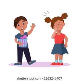 Little boy giving present to happy girl vector illustration. Cartoon drawing of child giving birthday gift to friend on white background. Celebration, childhood, friendship, happiness concept