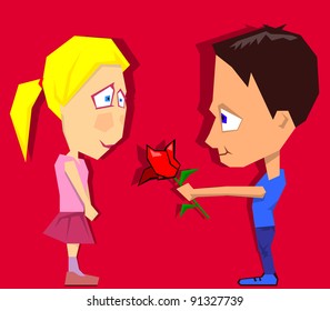 Little boy giving shy girl a red rose flower. Valentine theme. Easy editable layered vector illustration. One of the similar straight line characters.