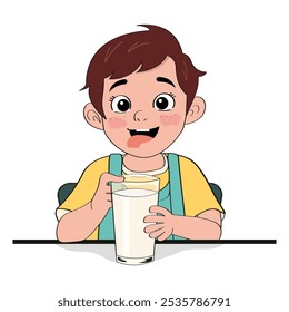 A little boy with a glass of milk and his tongue sticking out. Milk Day