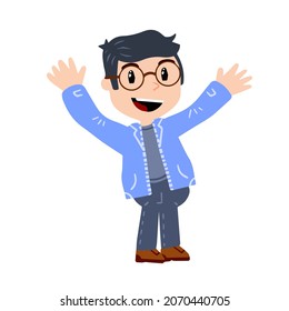 Little boy with glasses. Happy smart child waves his hand. Cute Character in blue clothes. Flat cartoon illustration