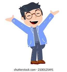 Little boy with glasses. Happy smart child throws up his hands. Cute Character in blue clothes. Flat cartoon