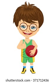 little boy with glasses holding basketball and showing thumbs up