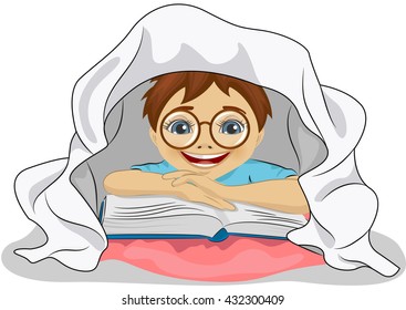 Little boy with glasses reads a book in bed under blanket
