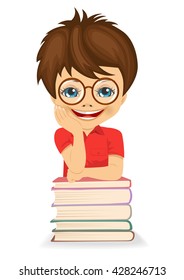 Little boy with glasses ready for school - leaning on book stack