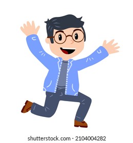 Little boy with glasses run. Happy smart child waves his hands. Cute Character in blue clothes. Flat cartoon